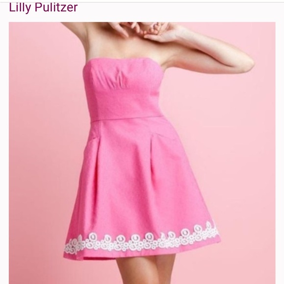 Lilly Pulitzer Pink Jacquard Dress with White Floral Embroidered Hem - Picture 3 of 5